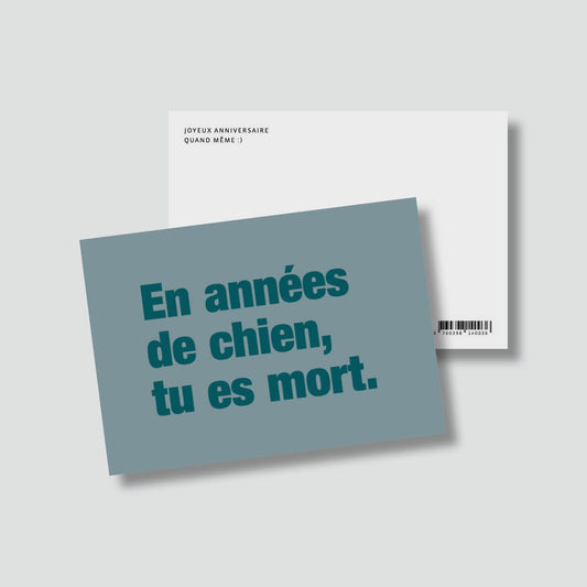 Carte anniversaire – "En années de chien, tu es mort" Boutique Bulma Shop 