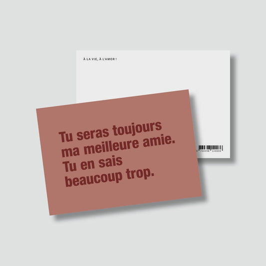 Carte postale amitié – "Tu seras toujours ma meilleure amie, tu en sais beaucoup trop" Boutique Bulma Shop 