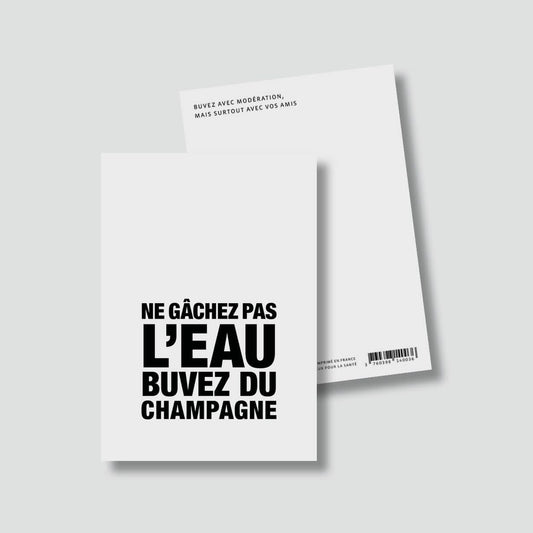 Carte postale festive – "Ne gâchez pas l’eau, buvez du champagne" Boutique Bulma Shop 