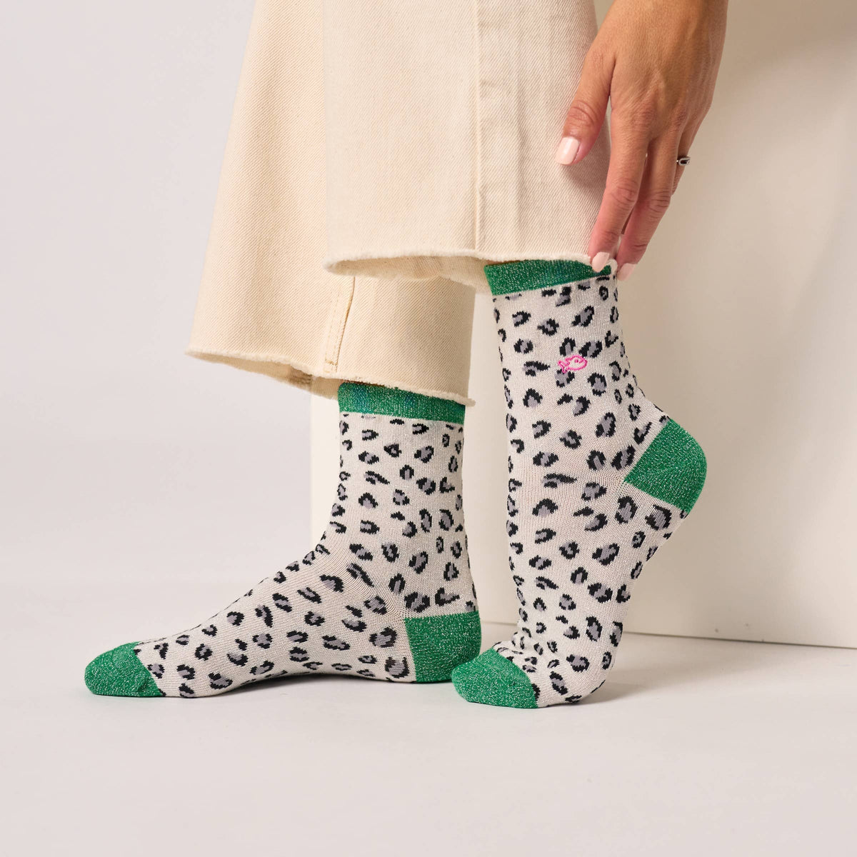 Chaussettes pailletées en coton peigné léopard - Blanc vert Boutique Billybelt 