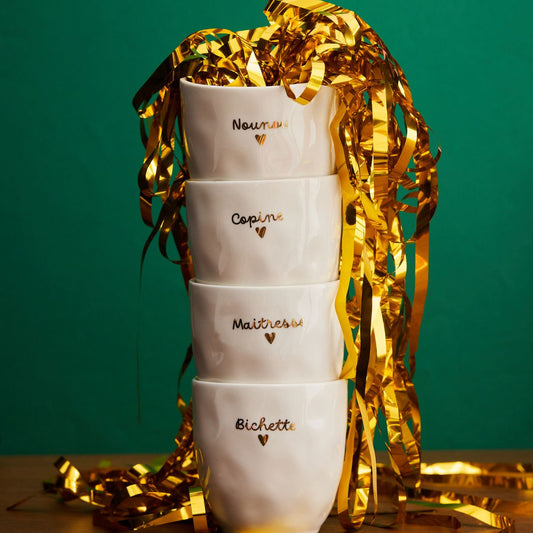 Tasse à café en céramique "Nounou" avec inscription dorée – Atelier Jasmin Boutique Le Petit Souk 